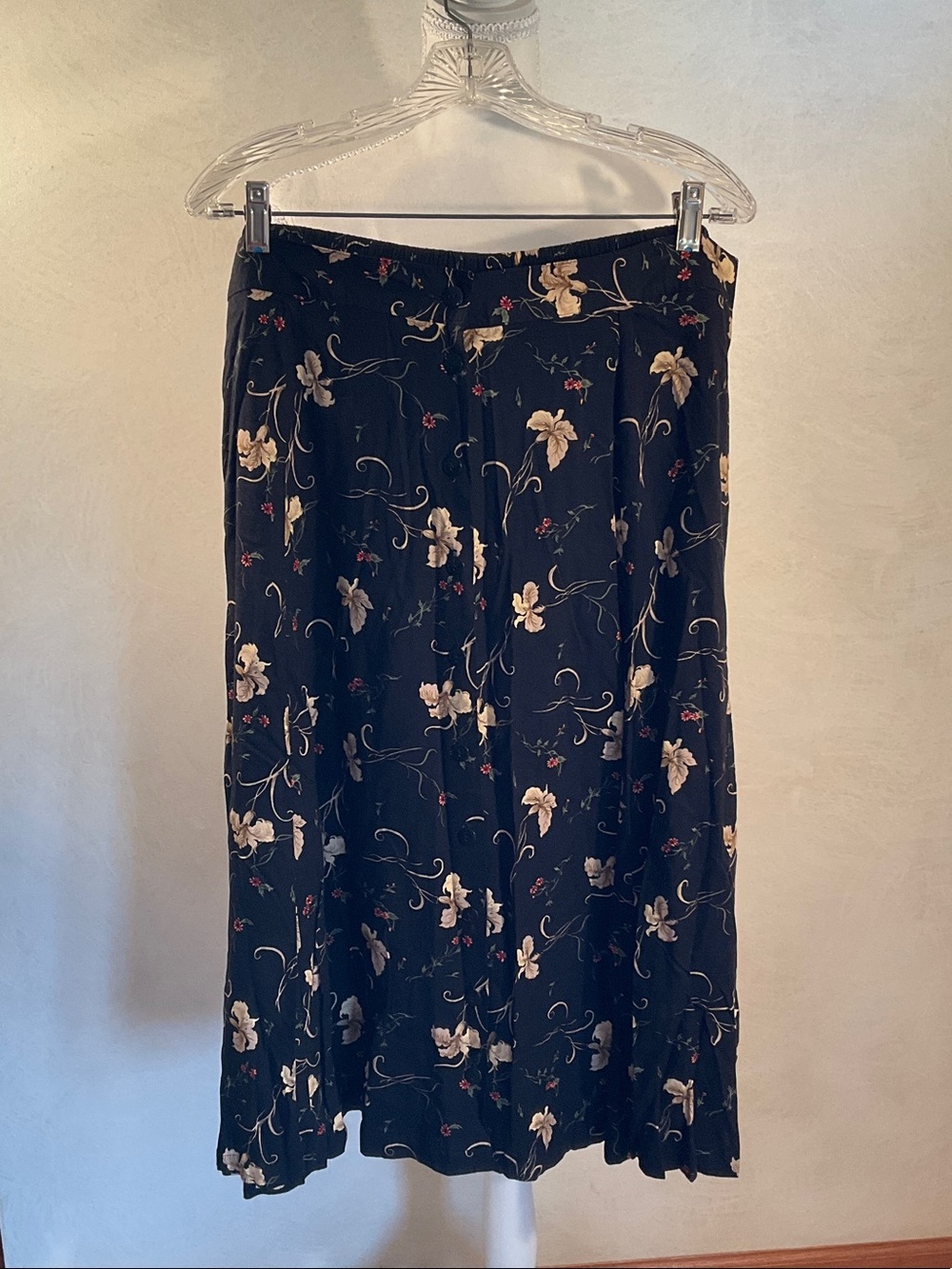 Black A-Line Floral front button Midi Skirt with Cream Blossoms
